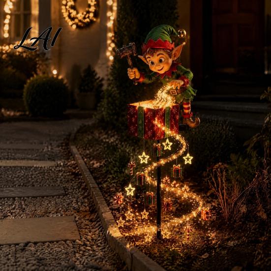Weather Resistant Christmas Garden Strips Solar Outdoor Light Stake Light, Cute Gingerbread House/Elf Boy/Bear