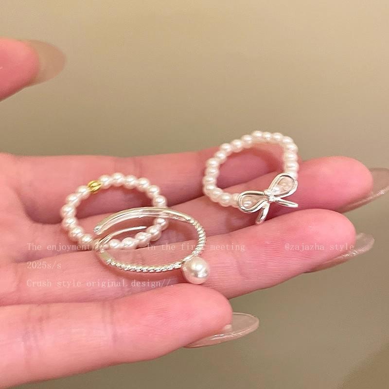 Bow Pearl Beaded Ring Korean Ins Design Index Finger Ring Stacked Wearing Ring