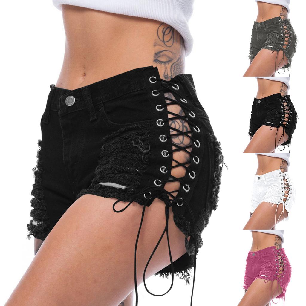 Women's Sexy Hot Pants Ripped Sexy Street Cut Low Top Denim Shorts Side Side Tether Pants Denim Shorts