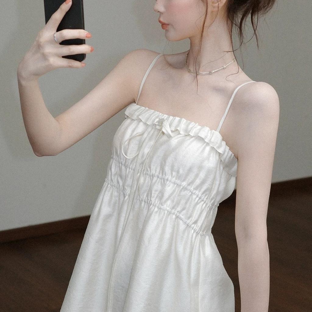pleated floral suspenders women's summer gentle and sweet thin shoulder straps slim and thin top