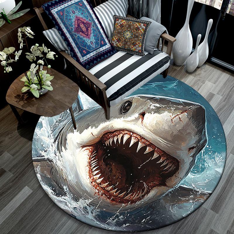 Shark Attack Round Area Rug,Carpet Rug for Living Room Bedroom Sofa Playroom Decor,Non-slip Floor Mat