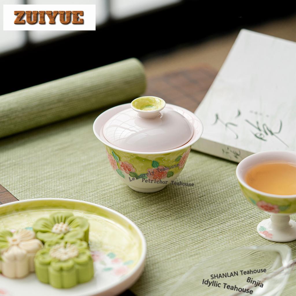 130ml Hand-painted Camellia Gaiwan Creative Tea Tureen Tea Bowl With Lid Kit Tea Brewing Cover Bowl Chinese Tea Set Decoration