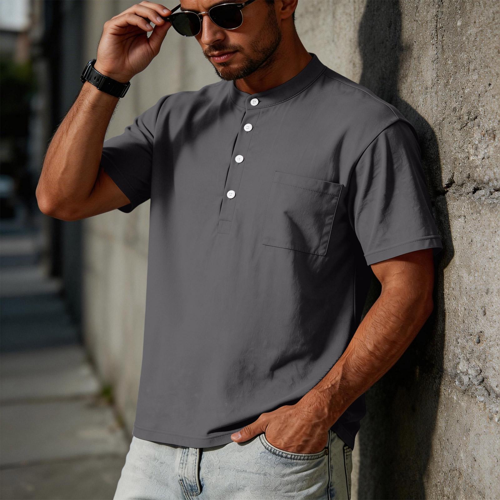 Men s Linen Casual Short-sleeved  Shirt With Pocket XXL
