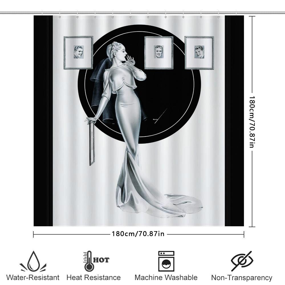 Luxurious Black White Art Deco Style Bathroom Shower Curtain with Elegant Woman Design for Home Decoration (Size: 180x240cm) Add