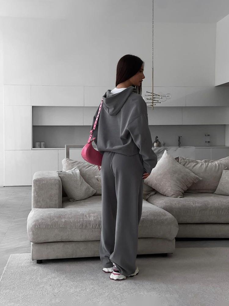 Winter Zipper Hooded Sports Cardigan With Tie Up Pants Two-piece Casual Suit For Women