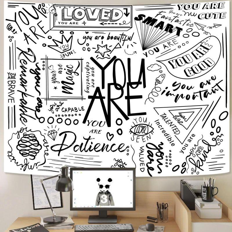 Positive Energy Graffiti Tapestry, Black White Wall Hanging, Motivational Wall Decor for Bedroom Dorm, Street Style