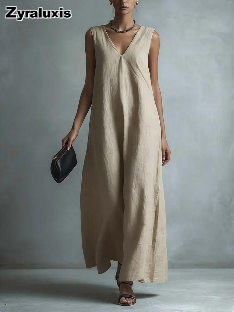 New Summer Casual Chic V-Neck Sleeveless Cotton Dress for Women