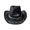 Hollowed Straw Cowgirl Hat Upturn Brim Western Caps with Beaded Belt Ethnic Style Beach Sun Hat for Women Men Travel Hats