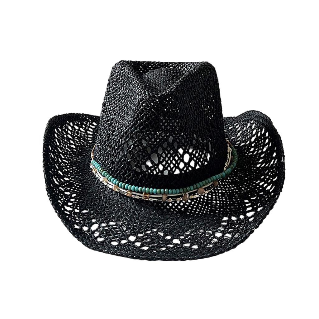 Hollowed Straw Cowgirl Hat Upturn Brim Western Caps with Beaded Belt Ethnic Style Beach Sun Hat for Women Men Travel Hats