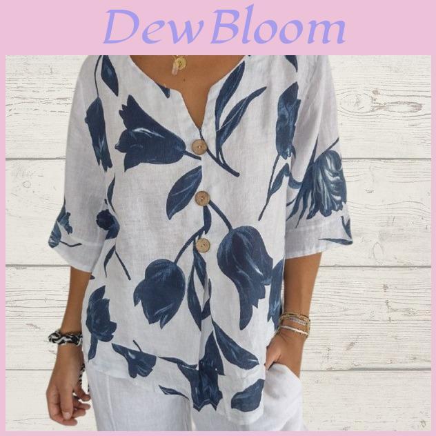 Maglia a maniche corte con scollo a V in cotone e lino con stampa digitale per abbigliamento casual estivo da donna