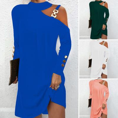 Lady Dress One Shoulder Long Sleeve Solid Plus Size Color Loose Halter Neck Sexy Soft Breathable Above Knee Length