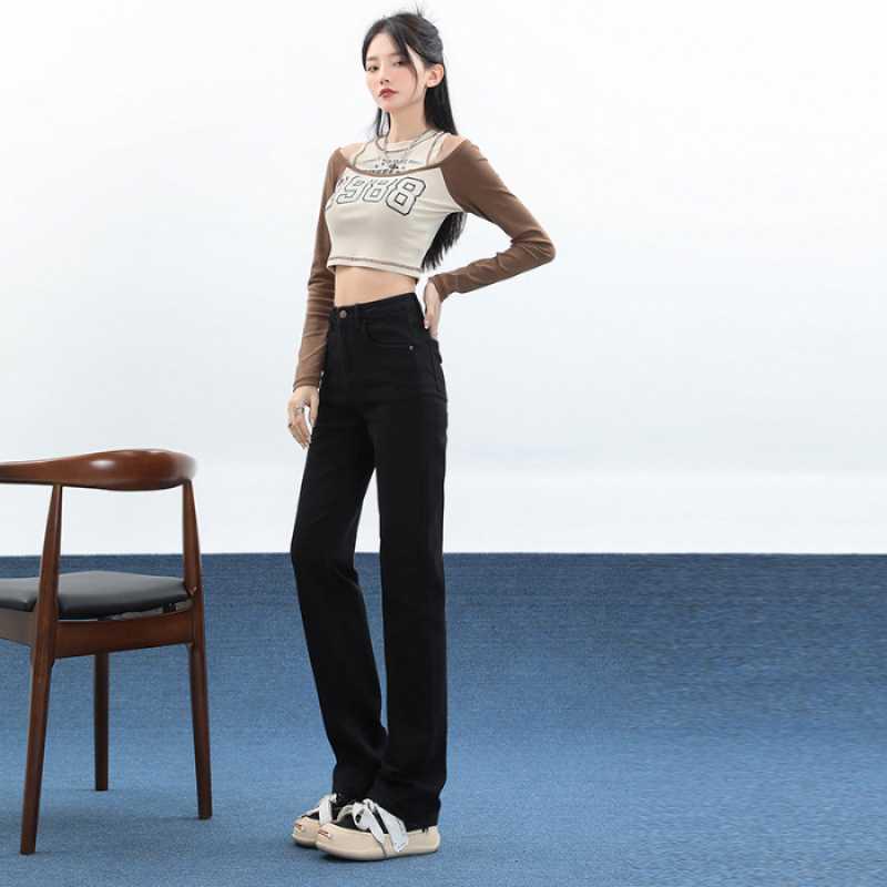 Women s Autumn Winter Elastic Denim High-Waist Loose Straight Wide-Leg Jeans Black Pants