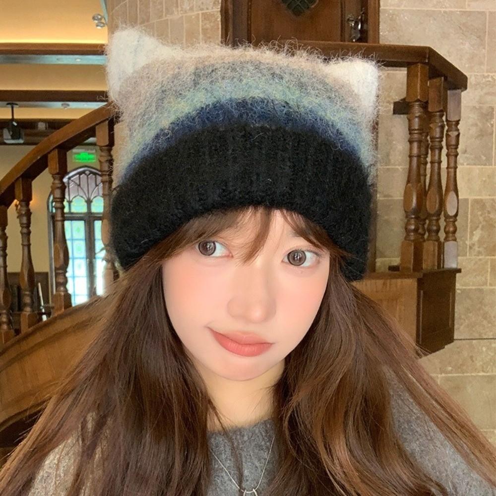 Rainbow Cat Ears Pullover Hat Gradient Women Beanie Hat Retro Woolen Knitted Hat Girls