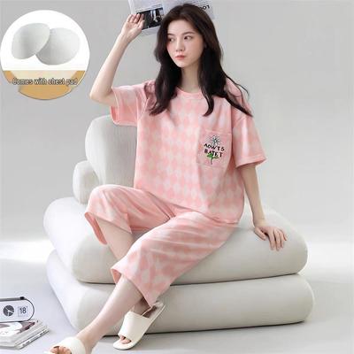 2026 Women's Spring/Summer Short Sleeve Pajama Set: Imitation Cotton, Casual Loose Fit, Seven-Point Pants