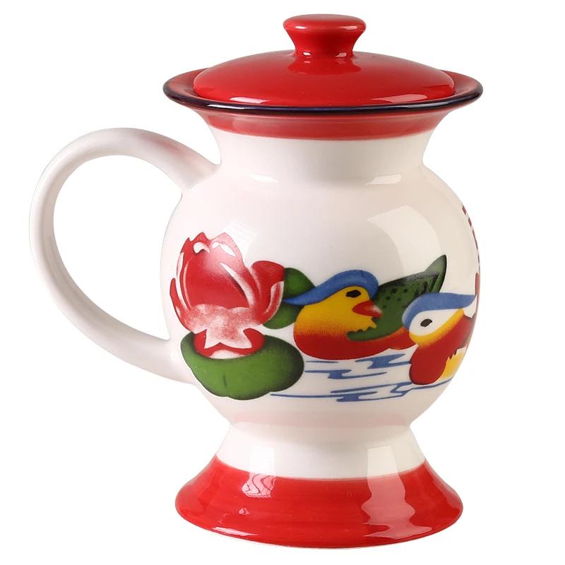 Mug Ceramic Spittoon Shape Water Cup Animal Printing in-Glaze Decoration Retro Funny Personalized Custom Red Blue Chinese Style