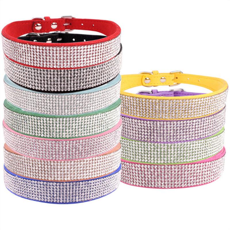 Comfortable Suede Fiber Crystal Dog Collar Glitter Rhinestone Pet Products Zinc Alloy Buckle Collar for Dog Supplys