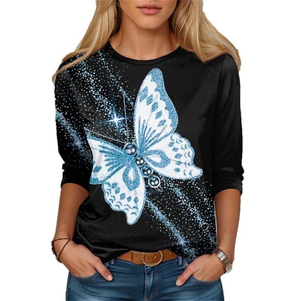 Women's Butterfly Glitter T-shirt Fashion Long Sleeve Round Neck Regular Top Spring and Autumn Clothing