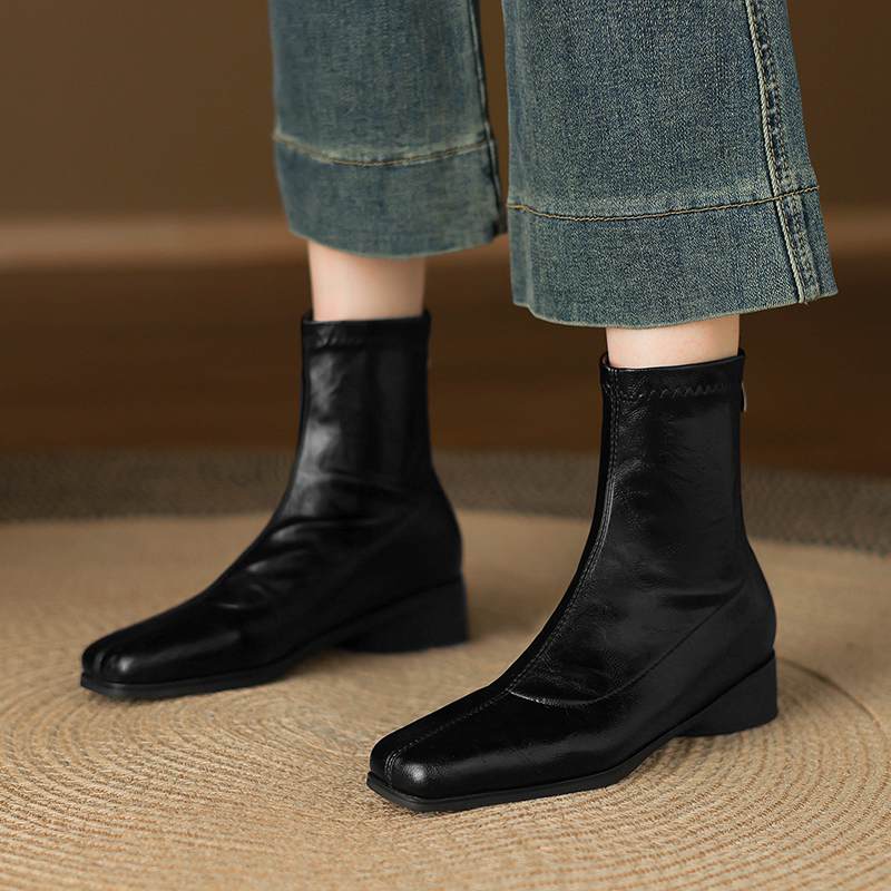 Krazing Pot Microfiber Winter Square Toe Modern Size 33 Boots Size 43 Metal Rivets Med Heels Zipper Women Ankle Boots