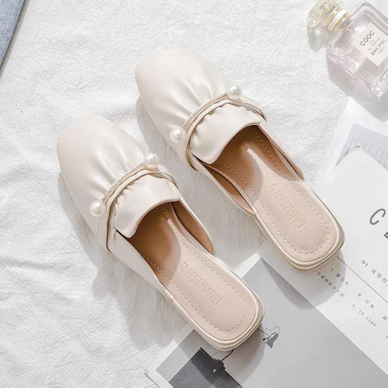 WTEMPO Women's Spring and Summer Square Toe Slippers Thick Low Heel Wrapped Toe Pearl Beige Rhinestone Pleated Soft Sole Soft Leather Slip-on Sandals