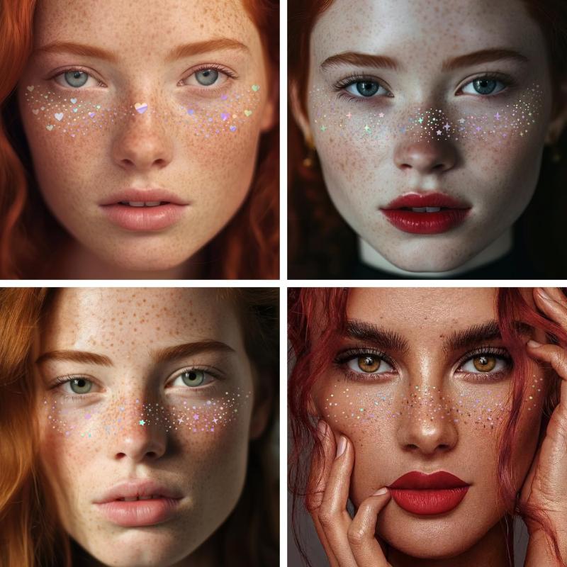 1 Sheet Glitter Freckles Holographic Stickers Waterproof Heart Freckle Temporary Tattoo Stickers Face Makeup