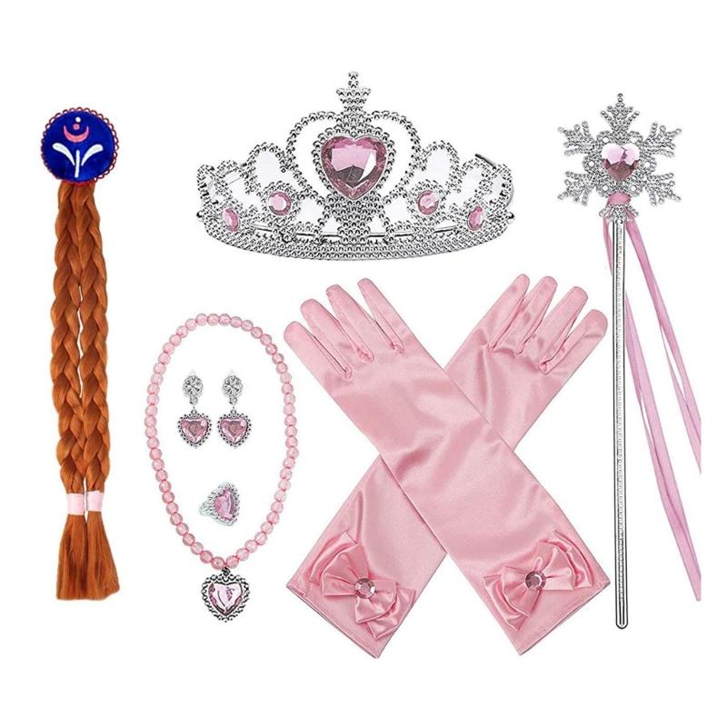Princess Costume Accessories Birthday Party Clothing Set Gloves Crown Necklace and Hair Braid for Girls' Dress Up