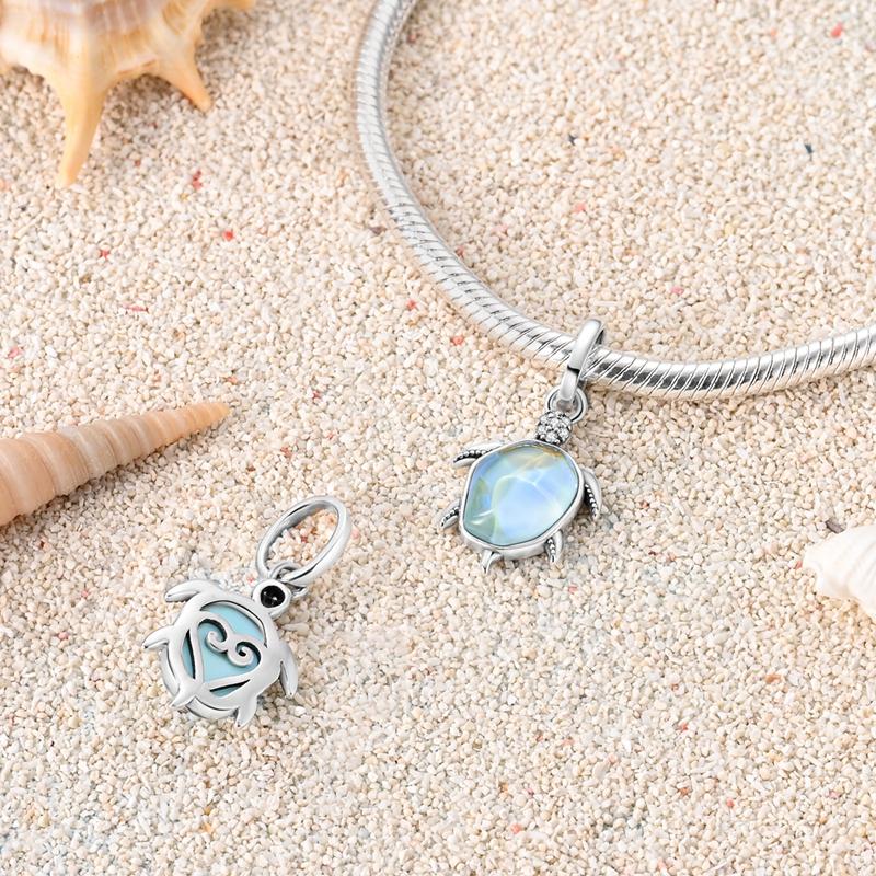 Blue Zircon Inlay Sea Turtle Starfish Charms Bead Original 925 Sterling Silver Pendants Fit Bracelet Jewelry Gift Marking