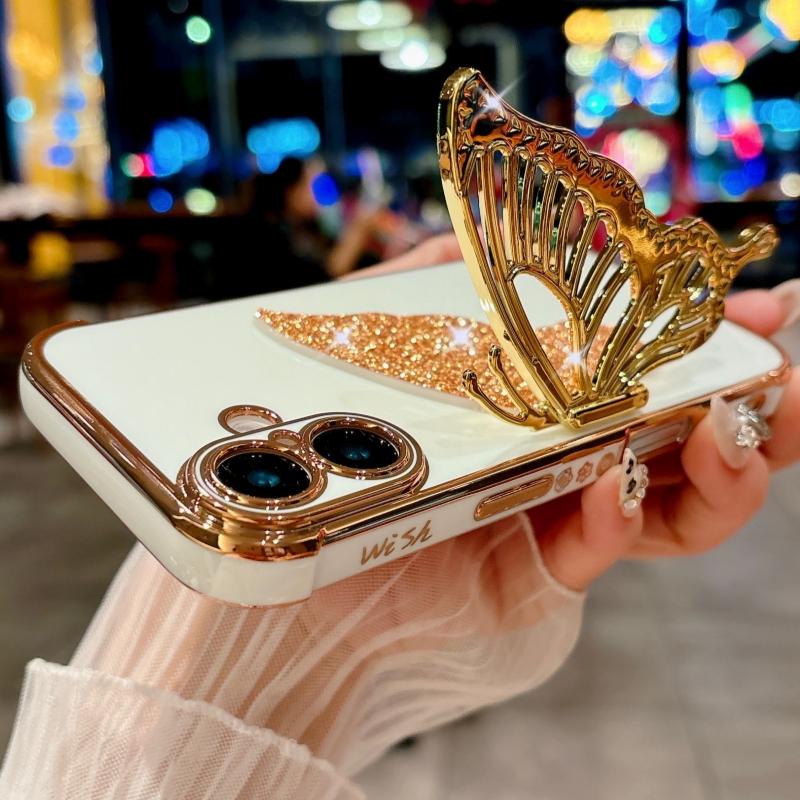 For iPhone 16 Pro Max Luxury Flash Plating Pattern Frame Butterfly Holder Phone Case For iPhone 11 12 13 14 15 Plus Stand Cover