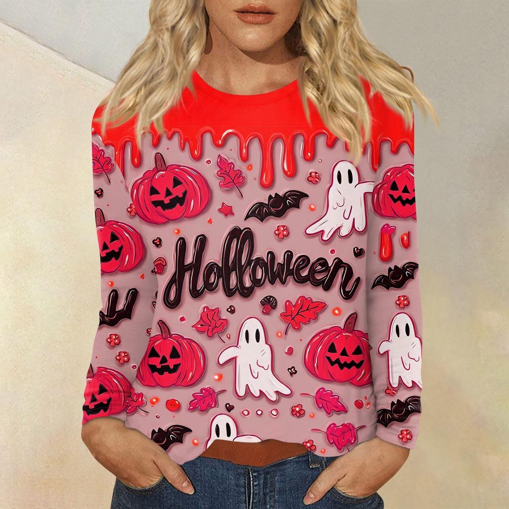 Women's Fashion Casual Halloween Printed Round Neck Long Sleeve Pullover Top