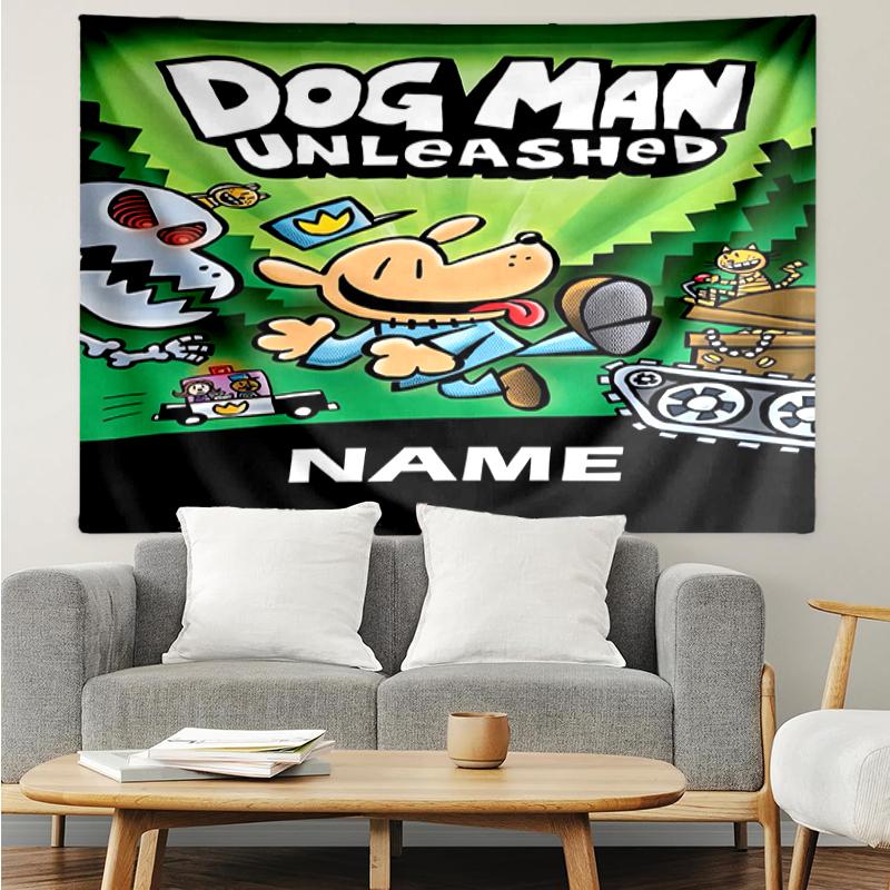 Custom Name Dog Man Print Tapestry, Backdrop, Easy Setup, Ideal for Bedroom, Office & Living Room, with Aesthetic Wall Hanging Decor.