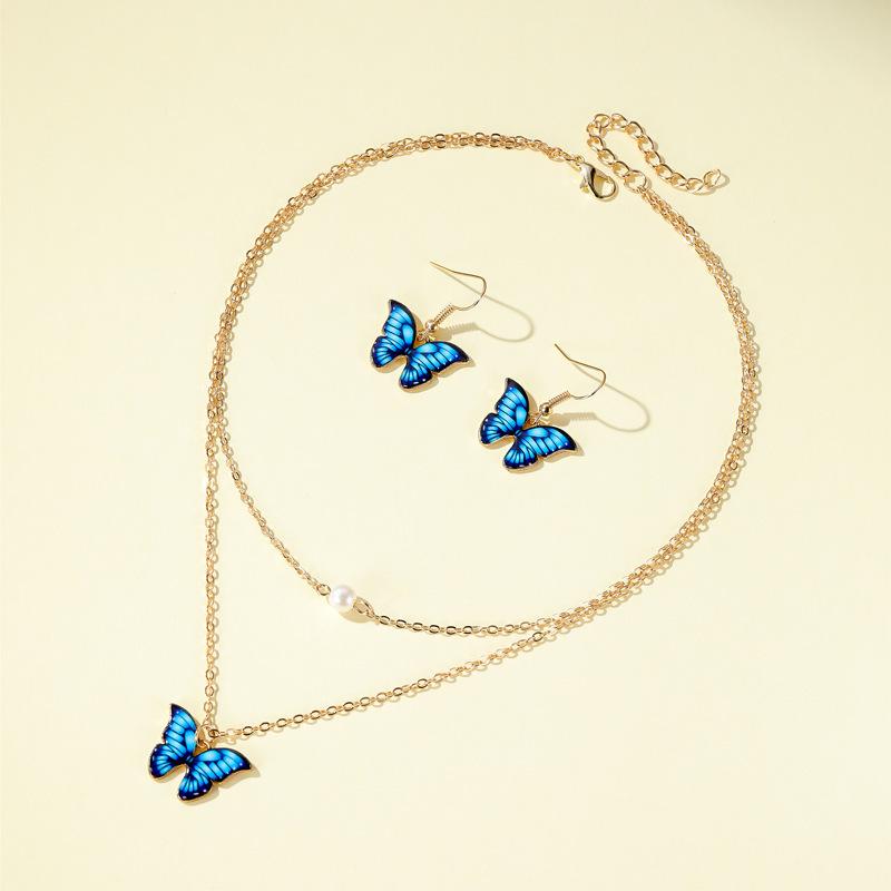 Fashion Choker Chain Pearl Necklace Earrings Sets for Women Jewelry Cute Colorful Butterfly Gold Color Chain Vintage Jewellery