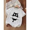 European Sizes Girls' Cute Cat Print Round Neck T-Shirt for Spring/Summer,  Comfortable Casual Outdoor Walking Wear and Perfect Summer Gift