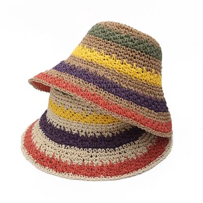 Foldable Rainbow Straw Bucket Hats for Women Spring Summer Ladies Sun Hat Wide Brim Fisherman Hats
