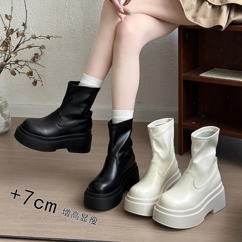 Beige heightening jk new spring and autumn college style Martin boots women's short boots feeling small man thick bottom