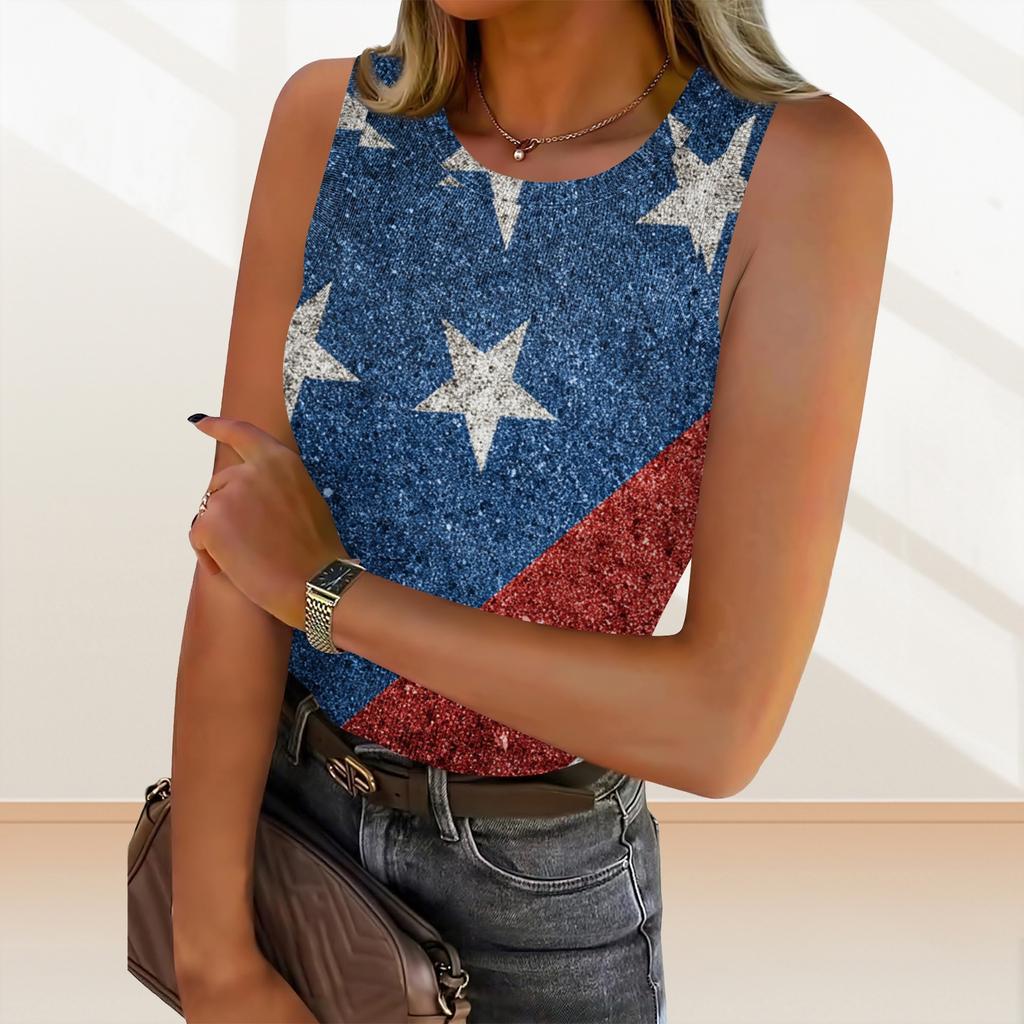 Women's Summer Fashionable Casual Independence Day Printed Round Neck Sleeveless Top Fitted Vest