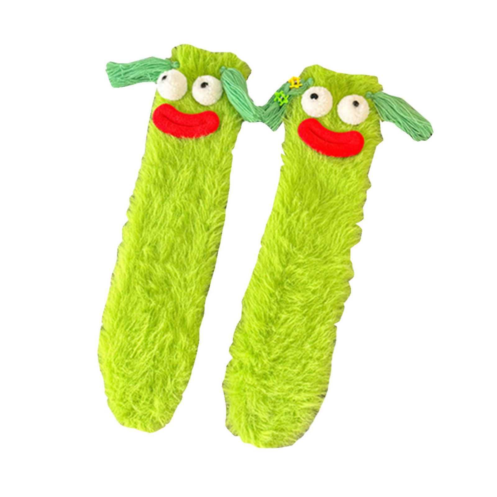 Women Cartoon Sausage Mouth Fuzzy Socks Winter Coral Fleece Indoor Sleep Socks зелёный