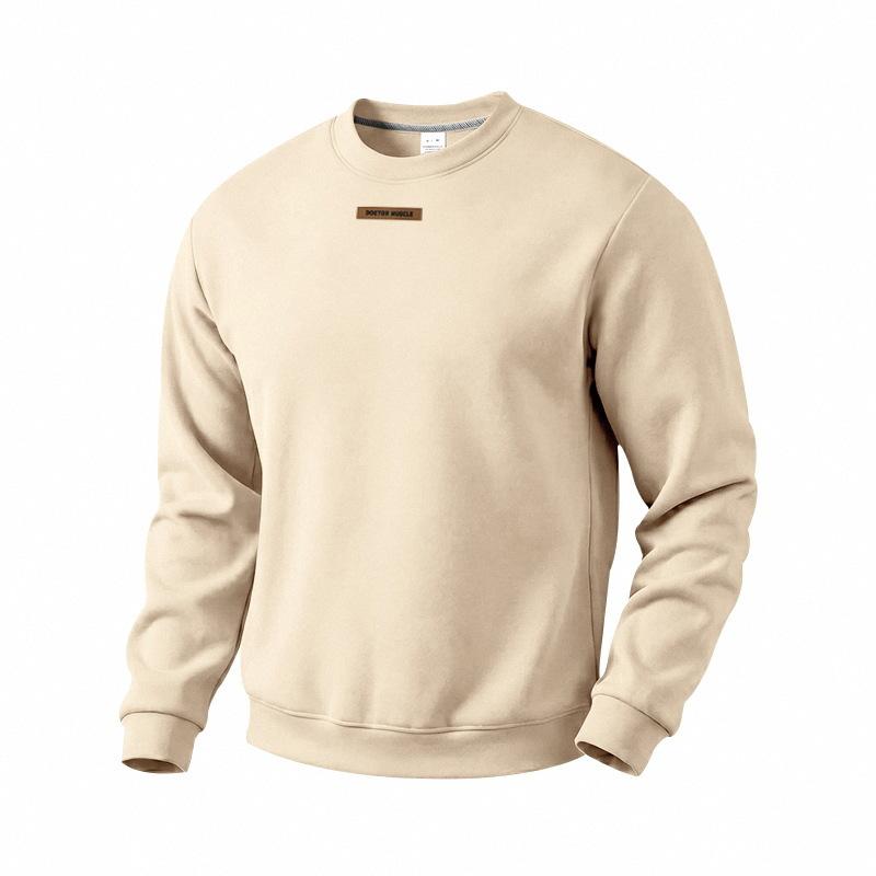 Men's Crew Neck Sweatshirt Solid Color Long Sleeve Pullover Top with Small Chest Label Casual Loose Fit Daily Wear Sweatshirt