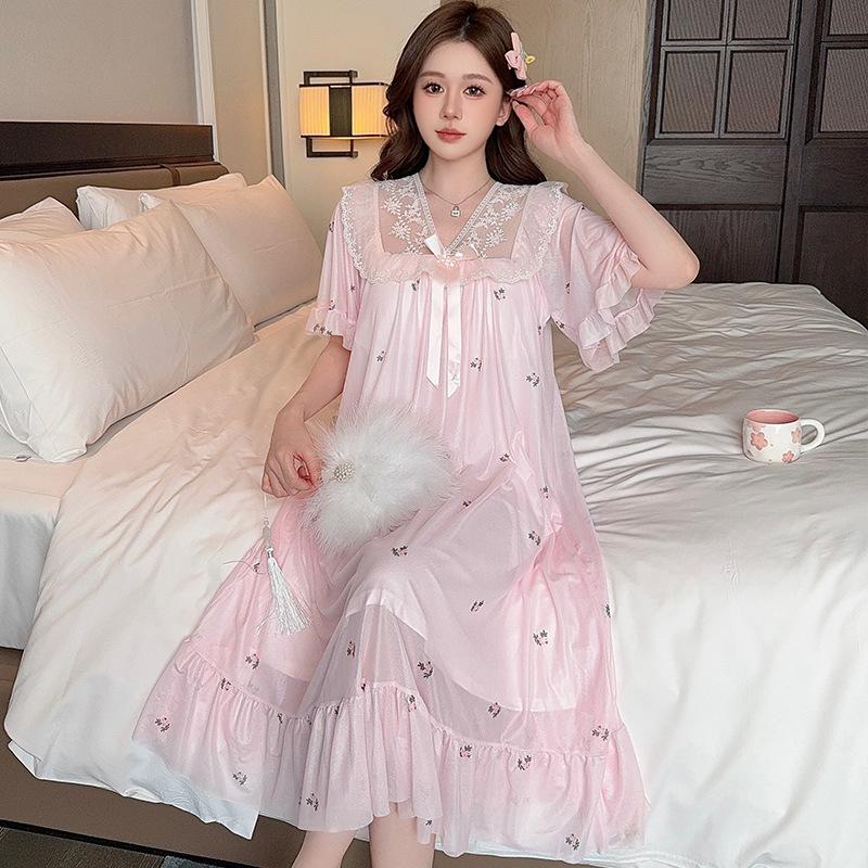 Linglei Summer Printing Color Lace Bow Mesh Court Princess Style Long Nightdress Pajamas Loungewear Women