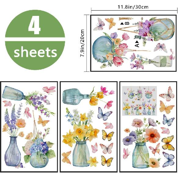 Yovkky Spring Summer Flowers Window Clings 4 Sheets, Potted Plant Floral in Jar Butterfly Stickers Decals Decor, Bonsai Vase Seasonal Home Kitchen