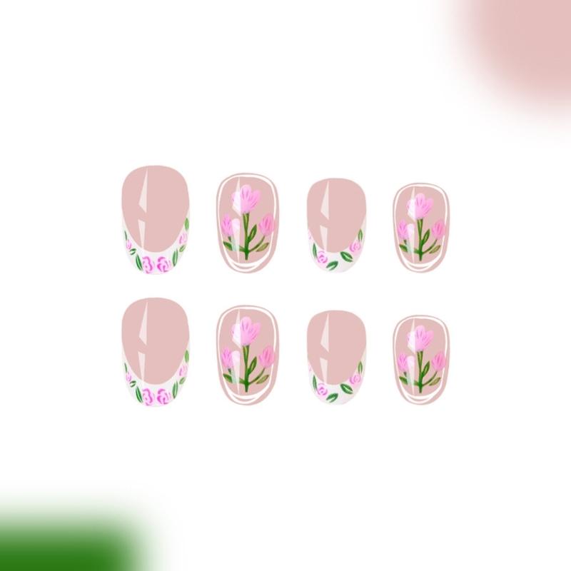 24 Pcs French Tip Press On Nail Short Oval False Nail Flowers Acrylic Nail Simple Full Cover Stick On Nail