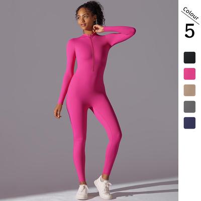 Enfärgad Högelastisk Bodysuit med Halvdragkedja och Långa Ärmar för Löpning & Yoga