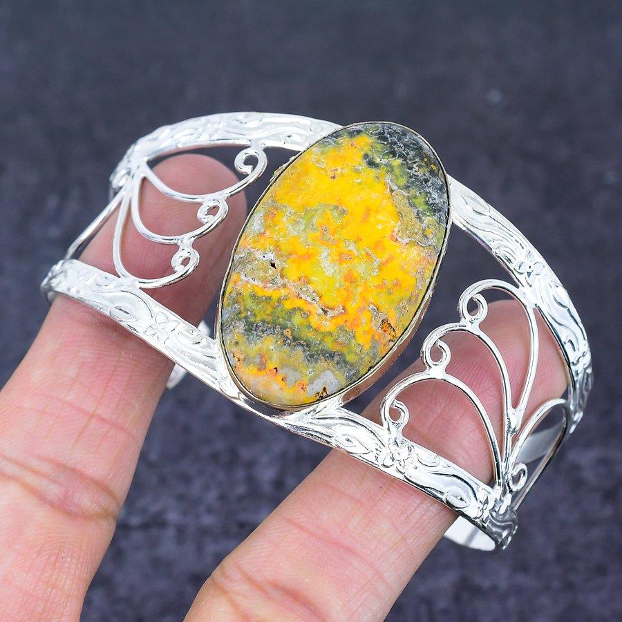 Bumble Bee Jasper Gemstone 925 Sterling Silver Cuff Bangle Adjustable