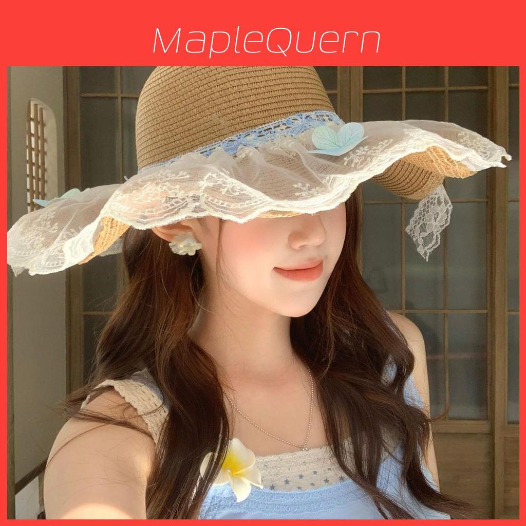 Summer Women Blue Lace Butterfly Bow Sun Hat With Wide Brim For Beach And Vacation