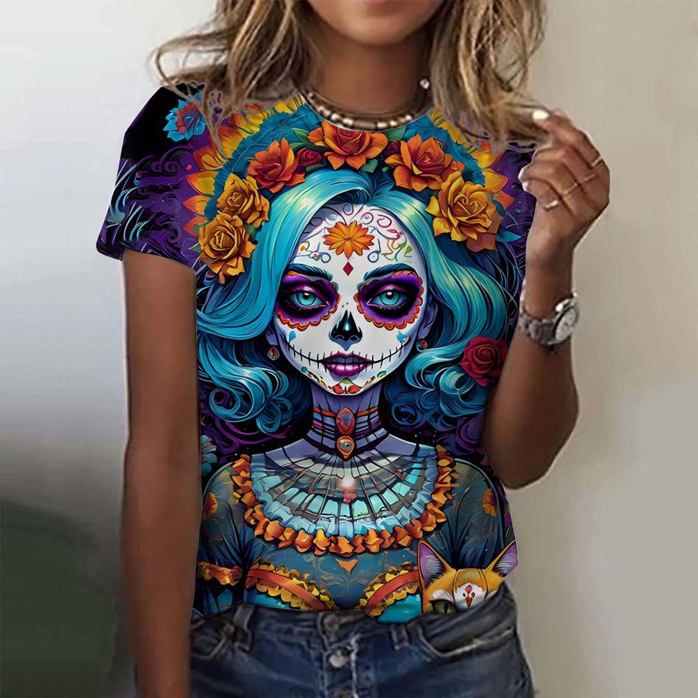 Fashion Women's T-shirt for Girls Summer Short Sleeve Casual Sexy Girls Clothes Horror Undead Skull Pattern Oversized T-shirts