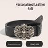Bohemian Embossed Floral Men's Leather Belt with Cross Alloy Hollow-Out Design
