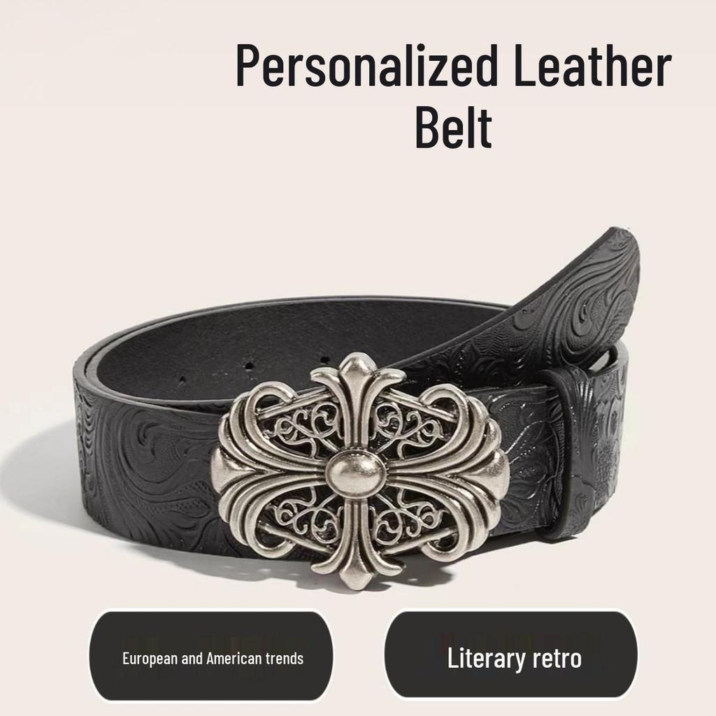 Bohemian Embossed Floral Men's Leather Belt with Cross Alloy Hollow-Out Design