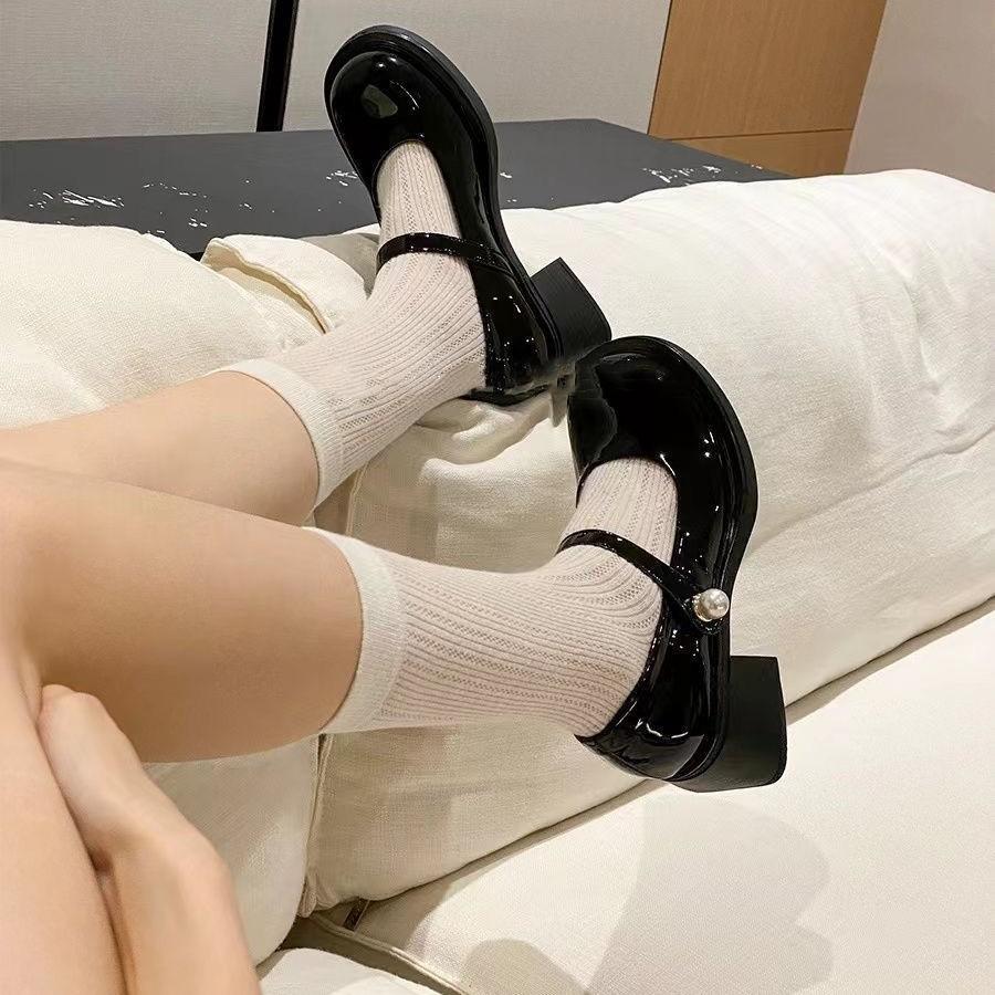 Versatile Round Head Thick Heel British Style Black Retro Small Leather Shoes for Women's New Shallow Mouth French Mary Jane Small Leather Shoe