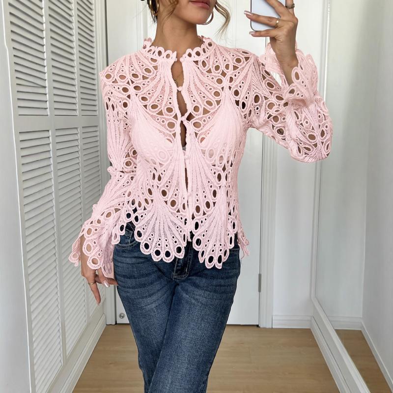2026 Autumn New Lace Hollow Out Solid Color Top Fashionable Casual Long Sleeve Shirt for Women