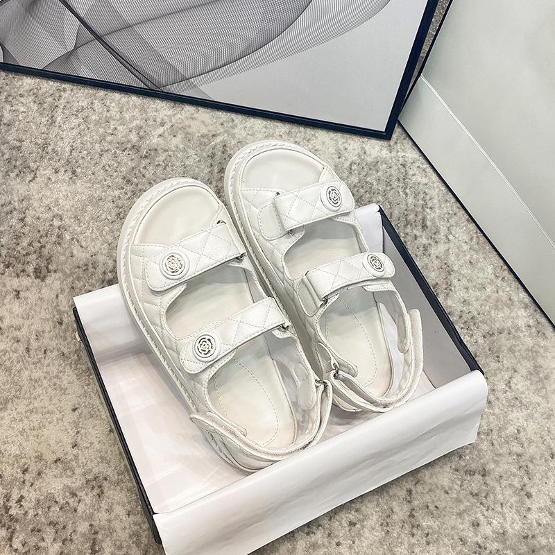 Sandals for Women 2025 New Fairy Style Genuine Leather Velcro Summer New Versatile Flat Bottom Women's Shoes Ins Trend