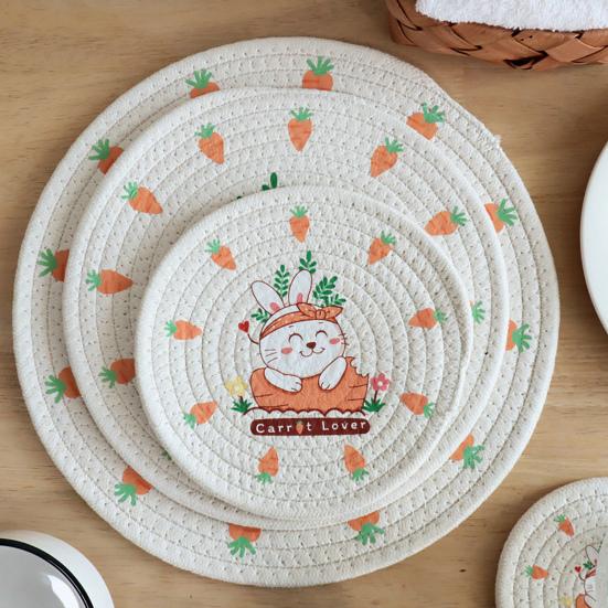 12/18/24/30cm Nordic Style Minimalist Thread Rabbit Carrot Placemat Pattern Household Cotton Anti-Scalding Cup Mat