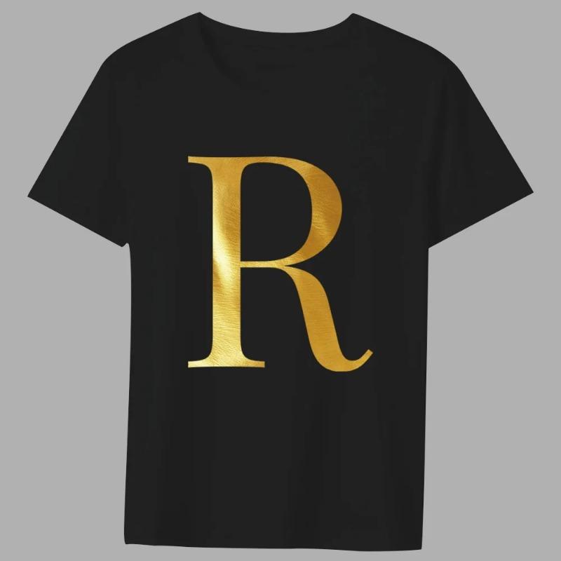 Fashion T-shirt Black Men's 26 English Letters Gold Printing Pattern Series Casual Round Neck Commuter Comfortable Top T-Shirts Men’s